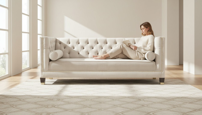 Luxury Beige Chesterfield Velvet Three-Seater Upholstered Furniture Hotel Living Room Practice