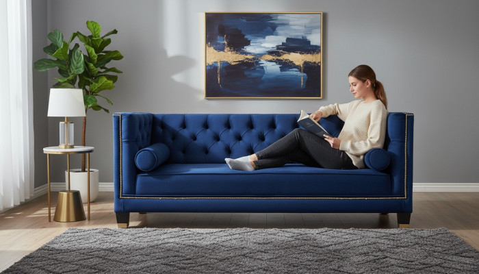 Blue Chesterfield three-seater fabric living room design couches