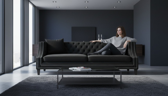 Luxury Black Fabric Sofa Three-Seater Upholstery Furniture Hotel Living Room Office Velvet