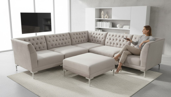 Chesterfield corner sofa with ottoman, 2-piece set, fabric material couches, sofas, corner suite, new