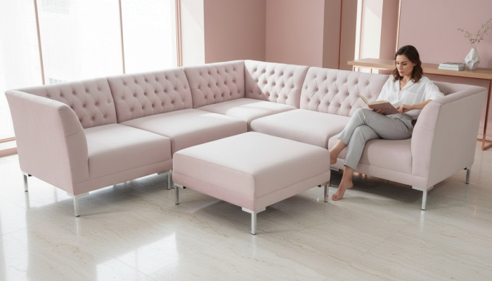 Pink sectional sofa ottoman Chesterfield sofas furniture XXL big textile fabric sofas 2-piece set