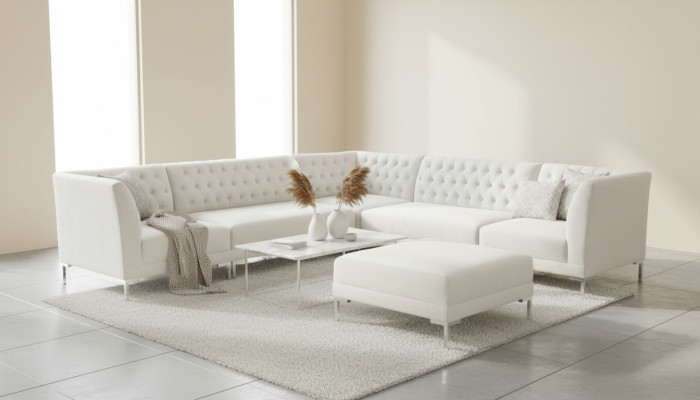 Sectional sofa with ottoman, cream white, large textile fabric, Chesterfield sofas, luxury furniture, 2-piece set.