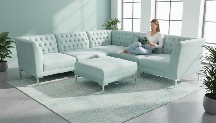 Turquoise Blue Corner Sofa Living Room Style Furniture Chesterfield Country House Set 2-piece.