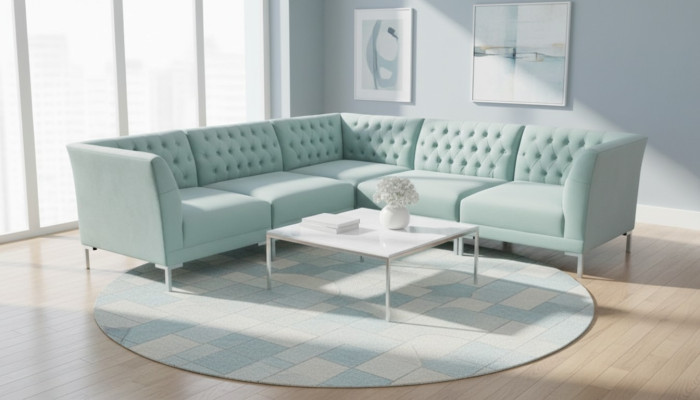 Turquoise Blue Corner Sofa Living Room Style Furniture Chesterfield Country House Set 2-piece.