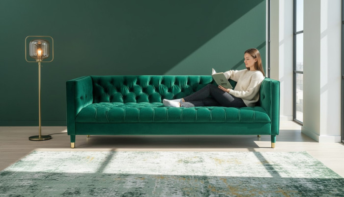 Green three-seater fabric Chesterfield design couch upholstered sofa living room 230cm