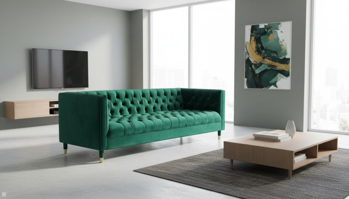 Green three-seater fabric Chesterfield design couch upholstered sofa living room 230cm