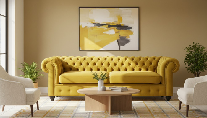 Yellow couch with buttons Chesterfield sofa upholstered seat couches sofas luxury new