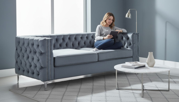 Gray Chesterfield Couch Luxury Velvet Fabric Sofas Sofa Set Button Upholstery New