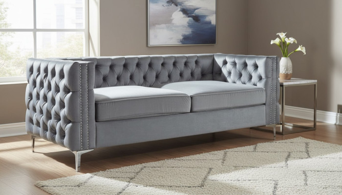 Gray Chesterfield Couch Luxury Velvet Fabric Sofas Sofa Set Button Upholstery New