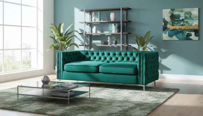 Green Chesterfield Couch Luxury Velvet Fabric Sofas Sofa Set Button Upholstery New