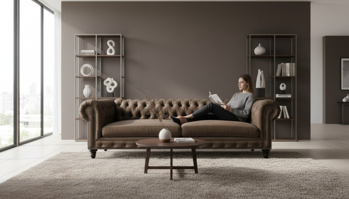 Chesterfield Brown New Living Room Modern Three-Seater Creative Furniture Textile Fabric