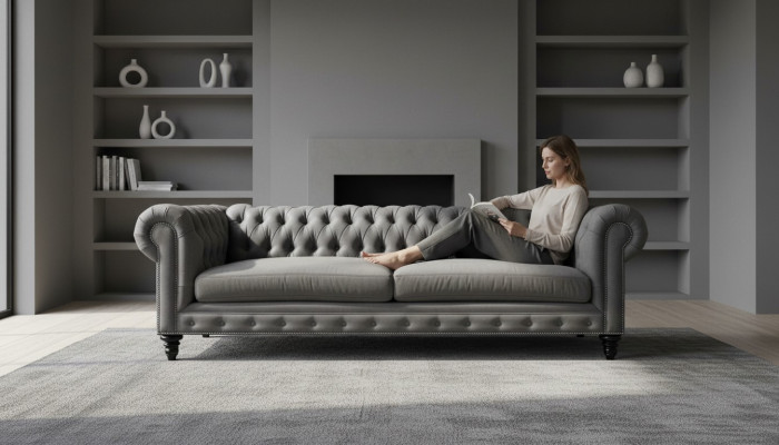 Three-seater Chesterfield Creative Furniture Textile Fabric Grey New Living Room Modern