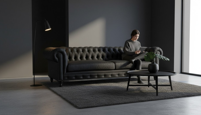 Chesterfield Black Living Room Modern Three-Seater Creative Furniture Textile Fabric
