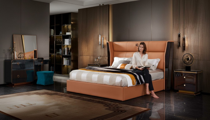 Bed Leather Orange Bedroom Creative Modern Design Furniture Wood Luxury Beds