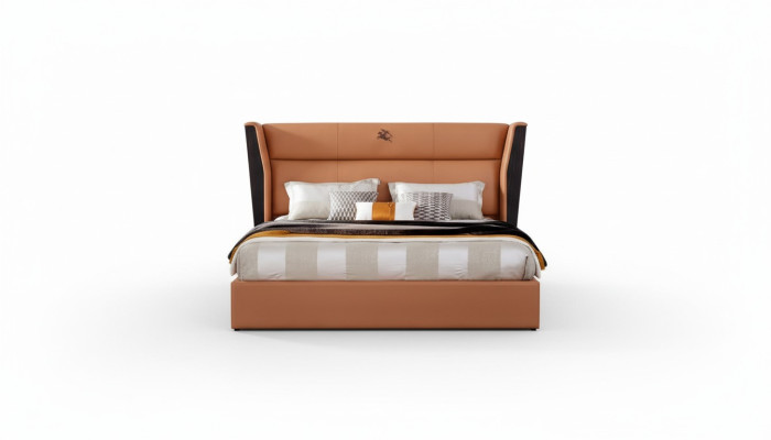 Bed Leather Orange Bedroom Creative Modern Design Furniture Wood Luxury Beds