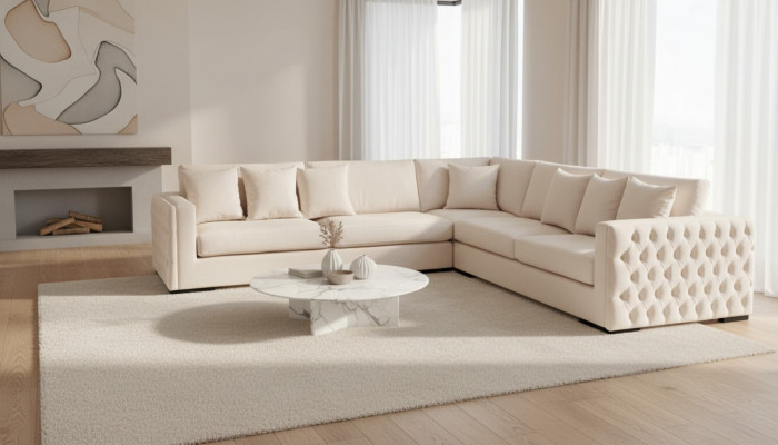 Beige sectional sofa living room couch corner set upholstery velvet furniture design fabric new