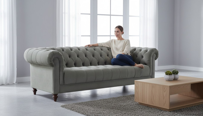 Sage green three-seater fabric living room design upholstered sofa sofas Chesterfield