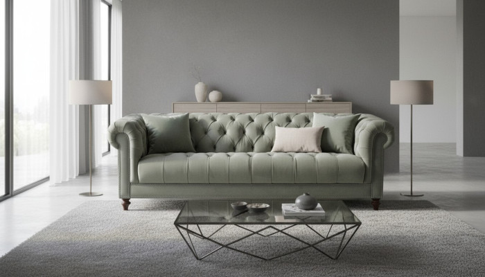 Sage green three-seater fabric living room design upholstered sofa sofas Chesterfield