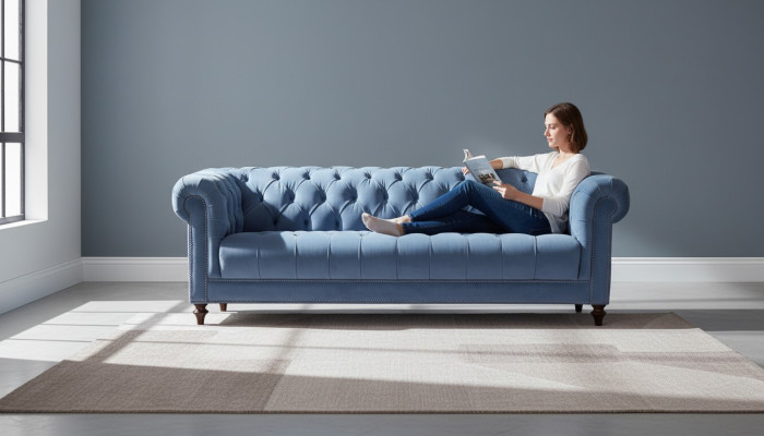 Light blue three-seater fabric Chesterfield design couches upholstery sofas original new