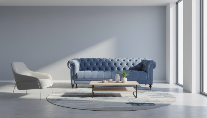 Light blue three-seater fabric Chesterfield design couches upholstery sofas original new