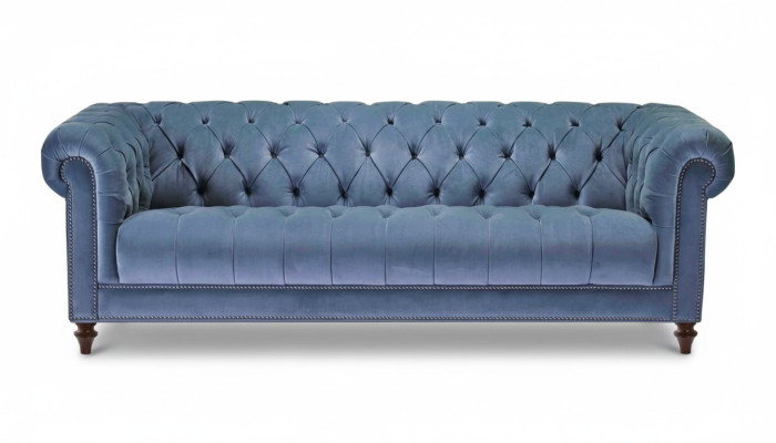 Light blue three-seater fabric Chesterfield design couches upholstery sofas original new