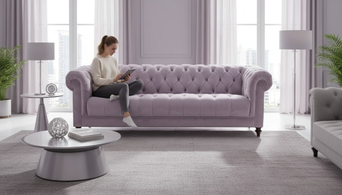 Purple three-seater fabric Chesterfield design couches upholstered sofas original velvet