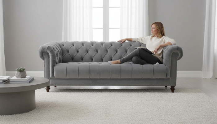 Three-seater gray fabric living room design couches upholstery sofa sofas Chesterfield