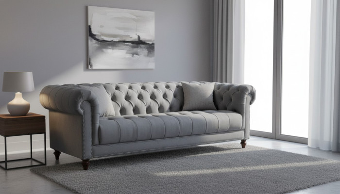 Three-seater gray fabric living room design couches upholstery sofa sofas Chesterfield