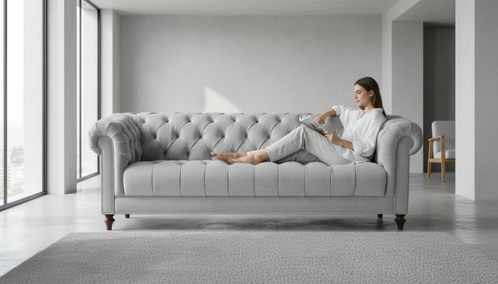 Light gray three-seater Chesterfield new fabric living room couches upholstered sofa sofas