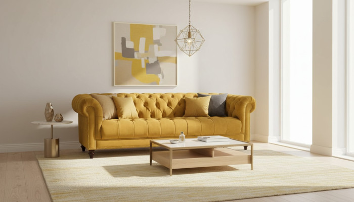 Yellow three-seater fabric living room design couches upholstered sofa sofas chesterfield
