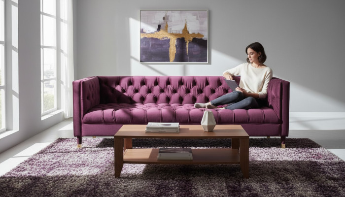 Burgundy Three-seater Fabric Living Room Design Couches Upholstered Sofa Chesterfield New
