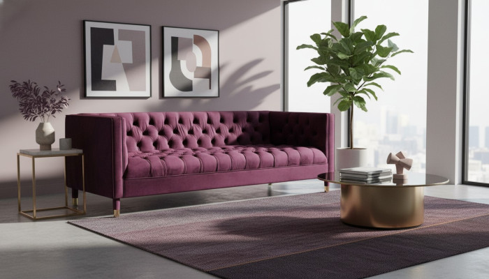 Burgundy Three-seater Fabric Living Room Design Couches Upholstered Sofa Chesterfield New