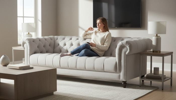 Silver Three-Seater Fabric Design Couches Upholstery Sofas Original Chesterfield New