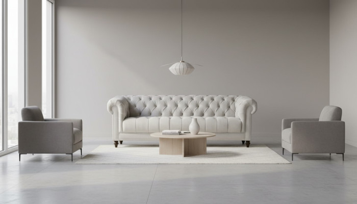 Silver Three-Seater Fabric Design Couches Upholstery Sofas Original Chesterfield New
