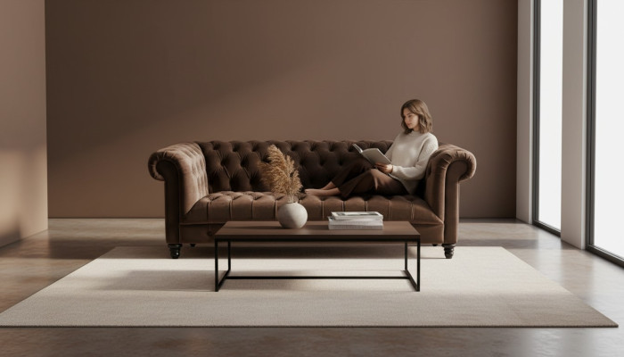 Brown velvet couch luxury upholstery Chesterfield furniture sofa with buttons three-seater