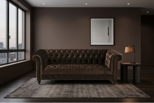 Brown velvet couch luxury upholstery Chesterfield furniture sofa with buttons three-seater