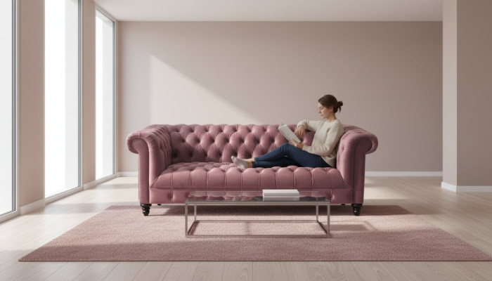 Fuchsia velvet couch luxury upholstered Chesterfield furniture sofa with buttons three-seater