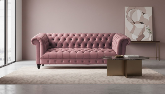 Fuchsia velvet couch luxury upholstered Chesterfield furniture sofa with buttons three-seater