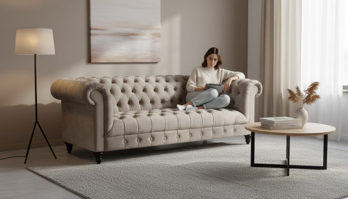 Beige velvet couch luxury upholstery chesterfield furniture sofa with buttons three-seater