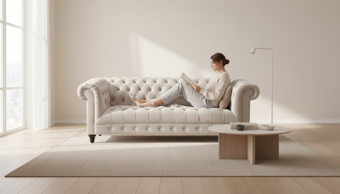 Chesterfield Beige Velvet Couch Luxury Upholstered Furniture Sofa with Buttons Three-Seater