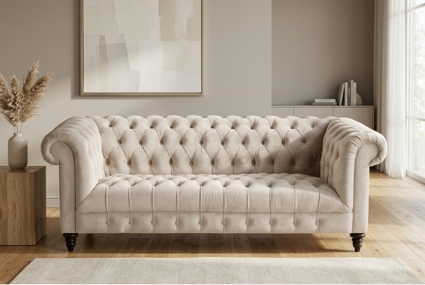 Chesterfield Beige Velvet Couch Luxury Upholstered Furniture Sofa with Buttons Three-Seater