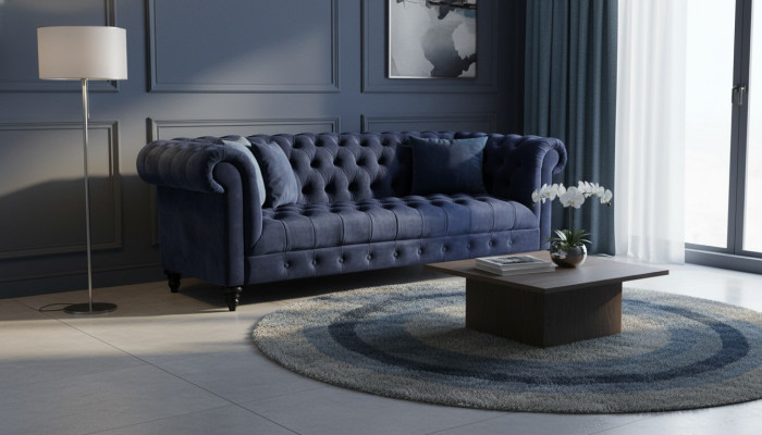 Navy blue three-seater fabric Chesterfield design couch upholstered sofa 220cm new