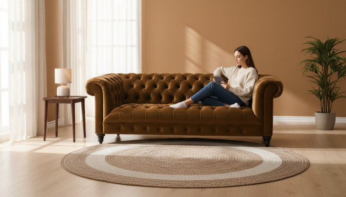 Three-seater Chesterfield brown fabric sofa new original design couches upholstery