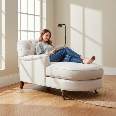 Beige Chesterfield Chaise Lounge Sofa Living Room Modern