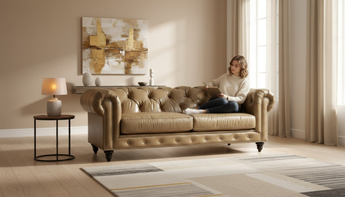 Light brown three-seater leather Chesterfield living room design sofa Chesterfield new