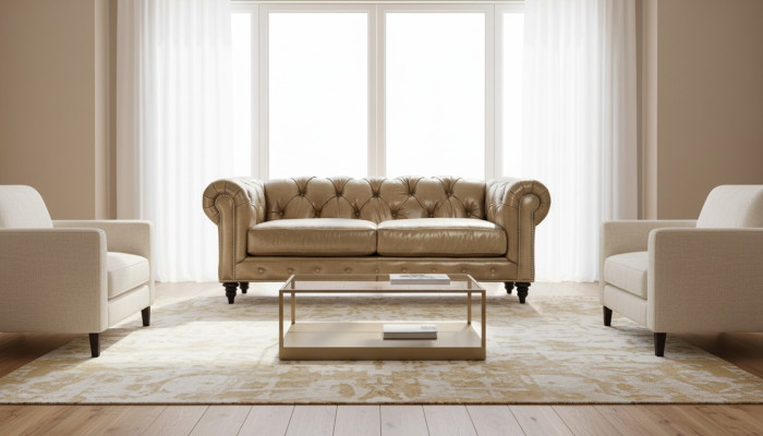Light brown three-seater leather Chesterfield living room design sofa Chesterfield new