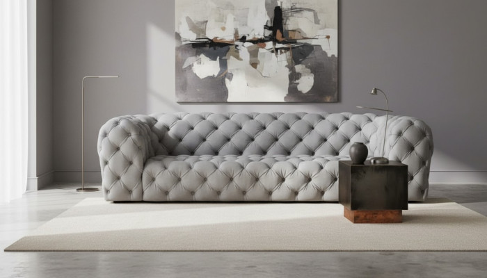 Gray Chesterfield Living Room Modern Design Couch Sofa Furniture Fabric Big XXL New