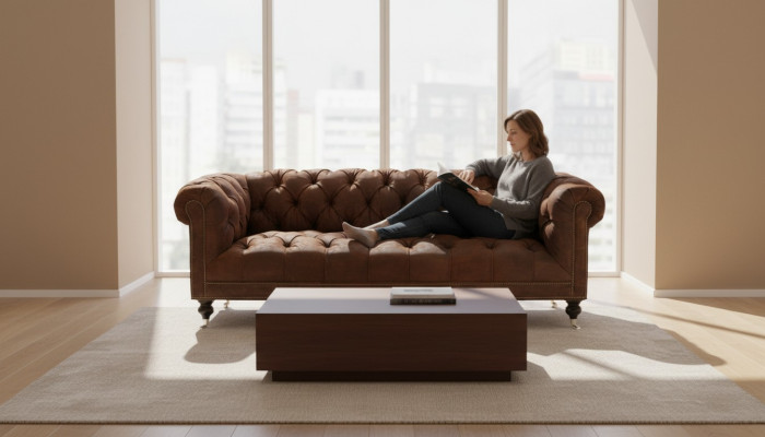 Brown three-seater Chesterfield modern design leather sofa design furniture velvet fabric