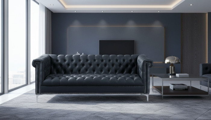Black Three-Seater Chesterfield Modern Design Couch Leather Sofa Designer Furniture