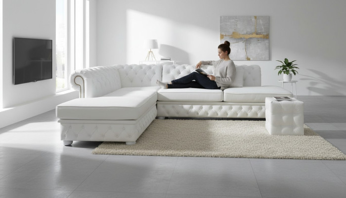 Light blue corner sofa with stool, large textile fabric Chesterfield sofas, 2-piece furniture.